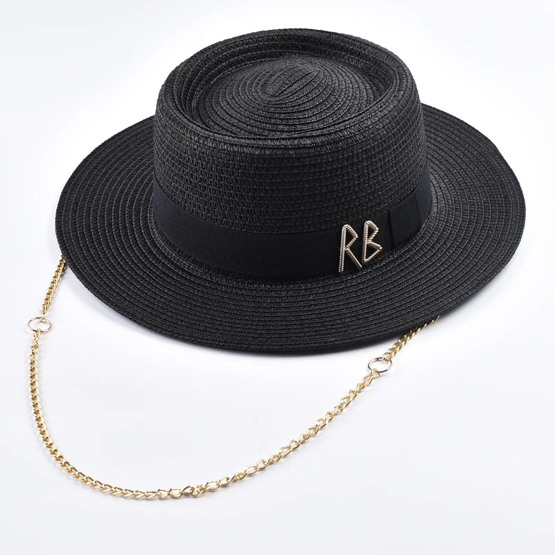 Straw Gold Chain Women's Ribbon Decor Fedora Hat