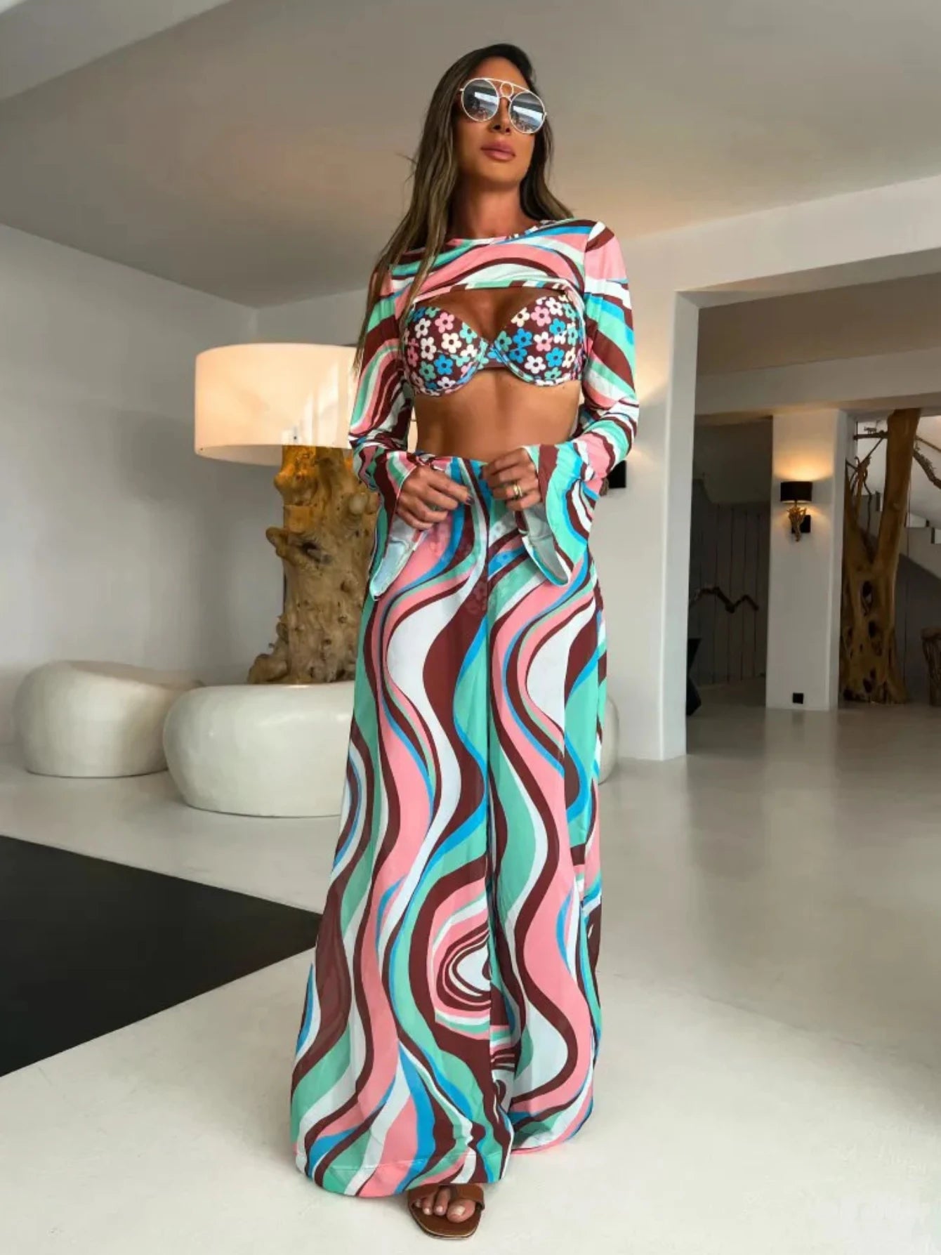 Flower Embroidered Backless High Street Cropped Backless Blazer + Wide Leg Pants Women's Suit or Hollow-Out Short Sleeve or Sleeveless Floral/Solid Jumpsuits