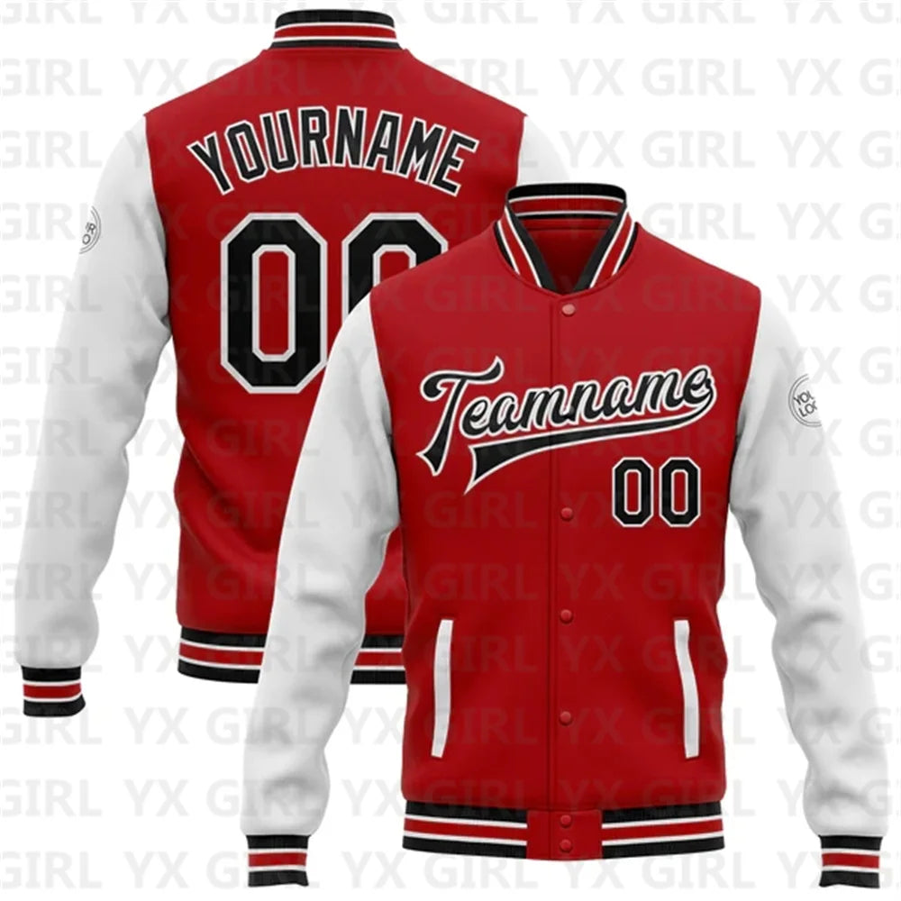 Customized Unisex Red Black-White Personalized Name Letter Print/Team Name 3D Print Full-Snap Varsity Letterman's 2-Tone Baseball Button-Up Bomber Jacket