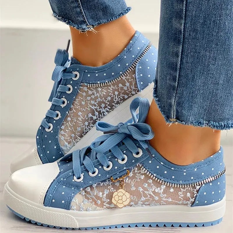 Denim Floral Mesh Cut-Out Lace Canvas Breathable Platform Women's Sneakers