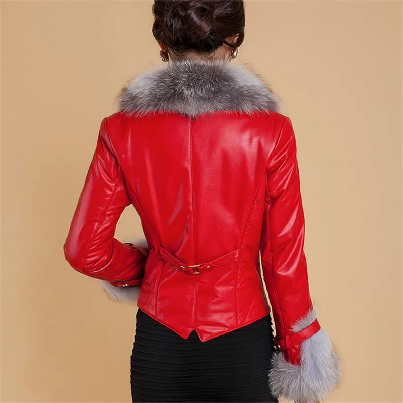 Solid Color Belted PU Leather Faux Fox Fur Collar Design Women's Biker Jacket to 3X Plus Size