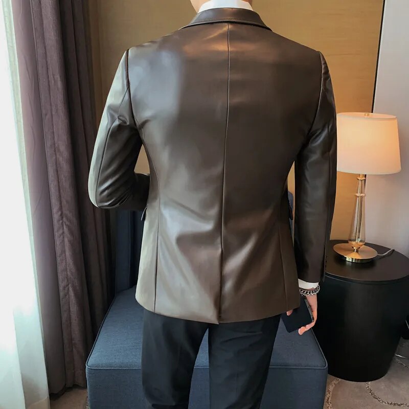 Men's Leather Single Breasted Slim Fit  Leather Blazer Jacket