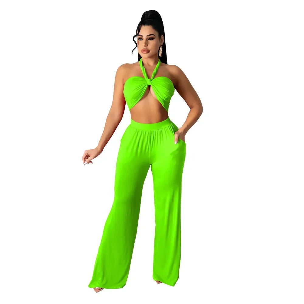 Strapless Hollow-Out  Hatler Neck Crop Top + Leggings Bodycon Solid Color Women's 2-Piece Set