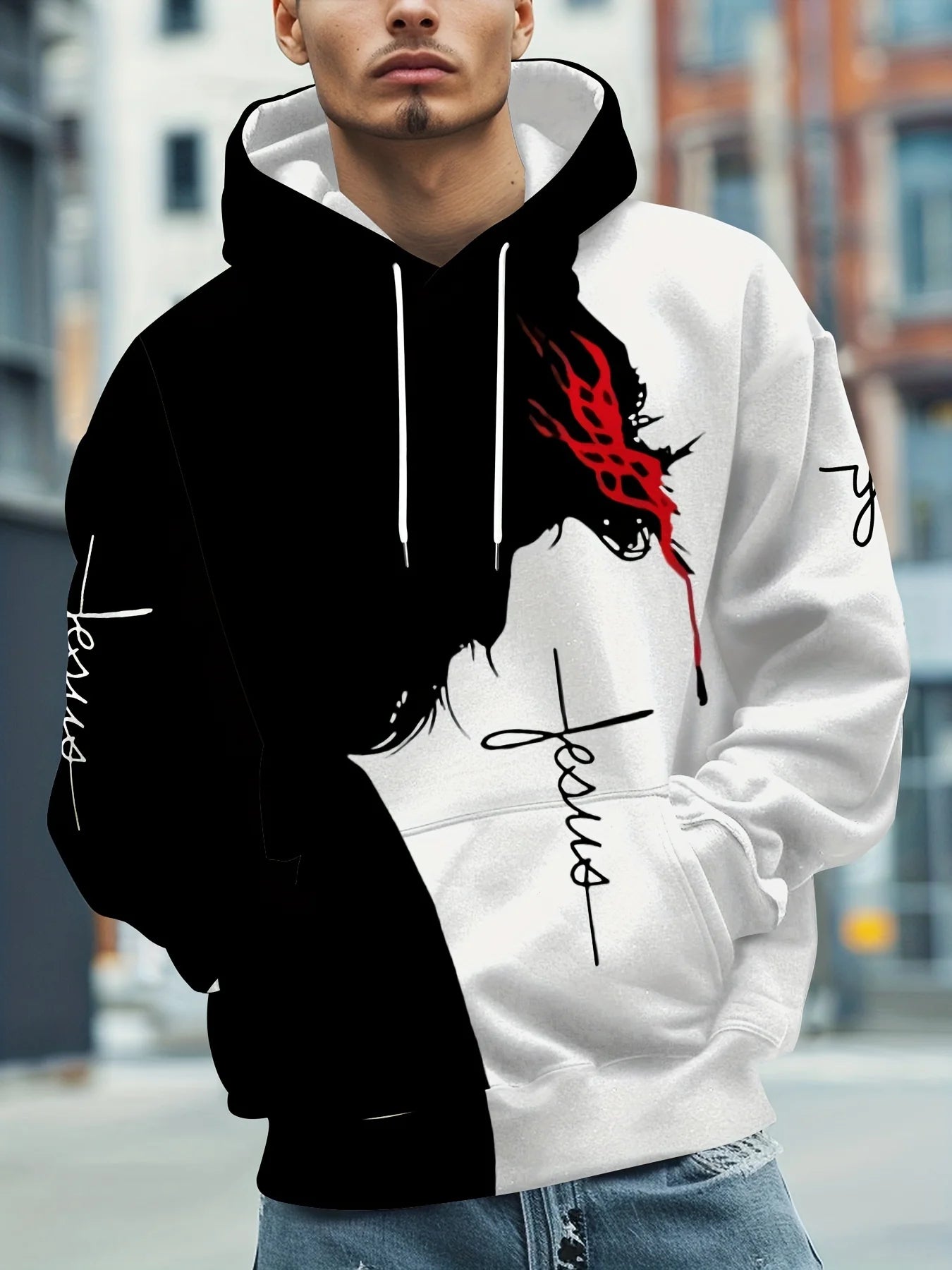 Men's Colorblock 3D Drawstring "Jesus" Long Sleeve Hoodie Sweatshirt