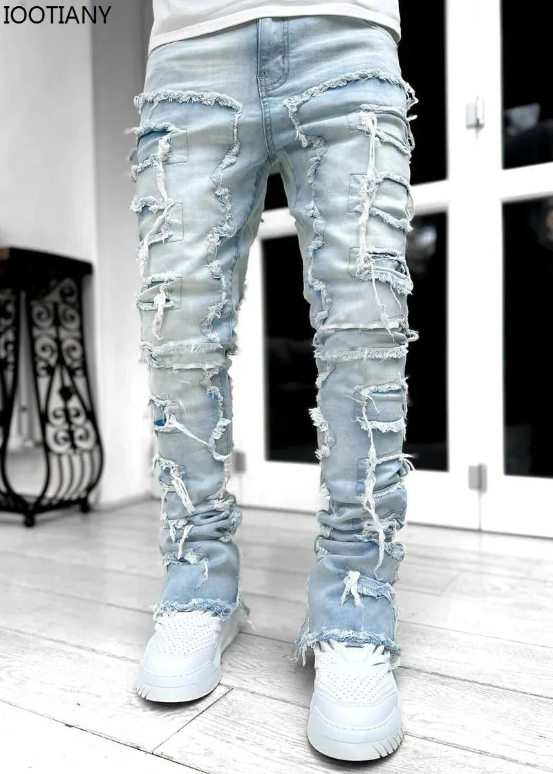 Men's Denim Fringe Ripped Hip-Hop Stretch Stacked Elastic Waist Straight Patchwork Jeans