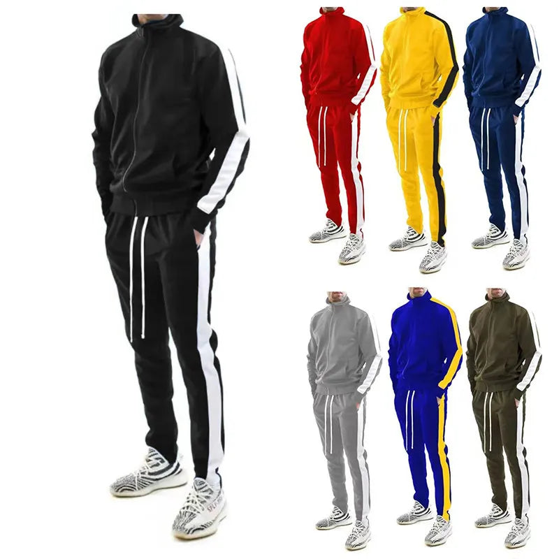 Men's Side Striped Solid Stand-Up Collar Tracksuit