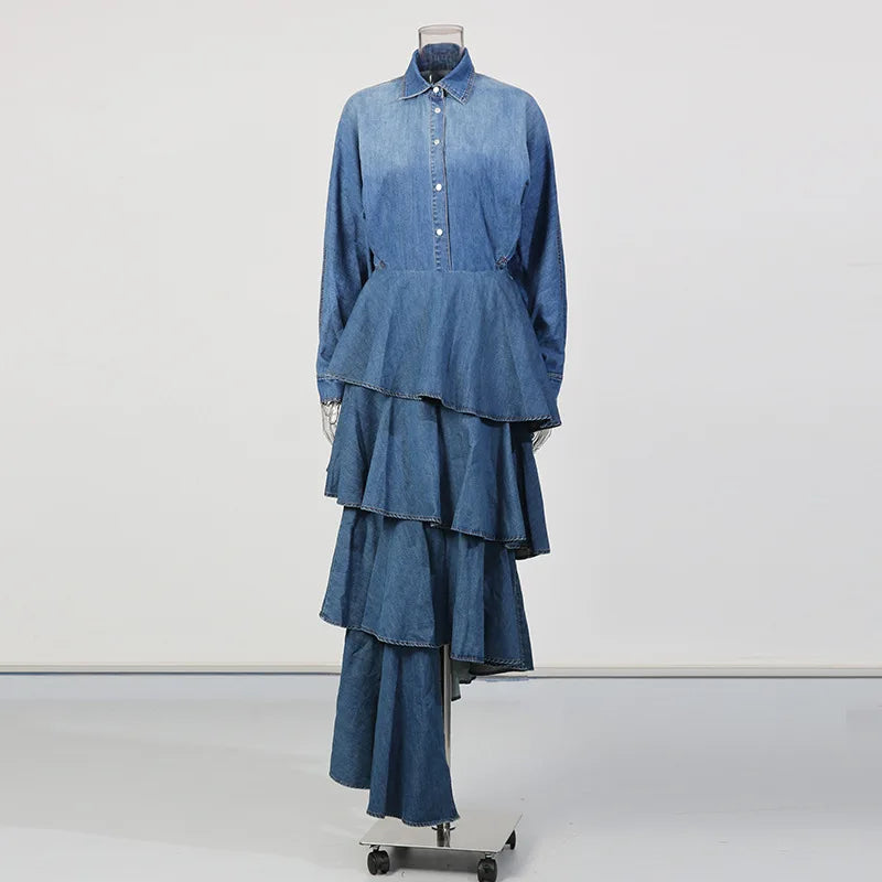 Denim Blue Gradient Colorblock Long Sleeve Turn-Down Collar Jean Shirt + Ruffled Tiered Layered Hi-Lo Tutu Jean Skirt Women's 2-Piece Set