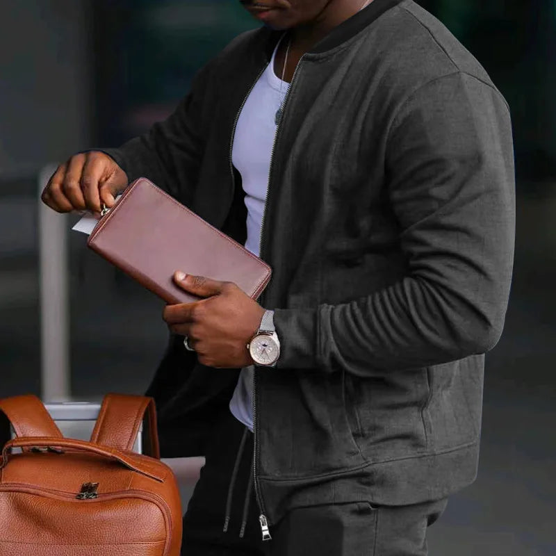 Men's O-Neck Colorblock Bomber Sweat Jacket + Drawstring Jogger Sweatpants Tracksuit