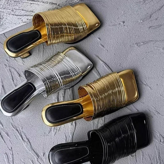 Metallic Square Toe Women's Solid Color Low Heel Sandals