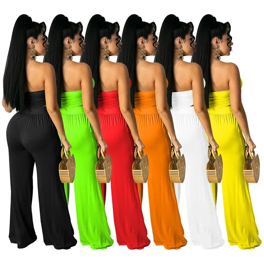Strapless Hollow-Out  Hatler Neck Crop Top + Leggings Bodycon Solid Color Women's 2-Piece Set