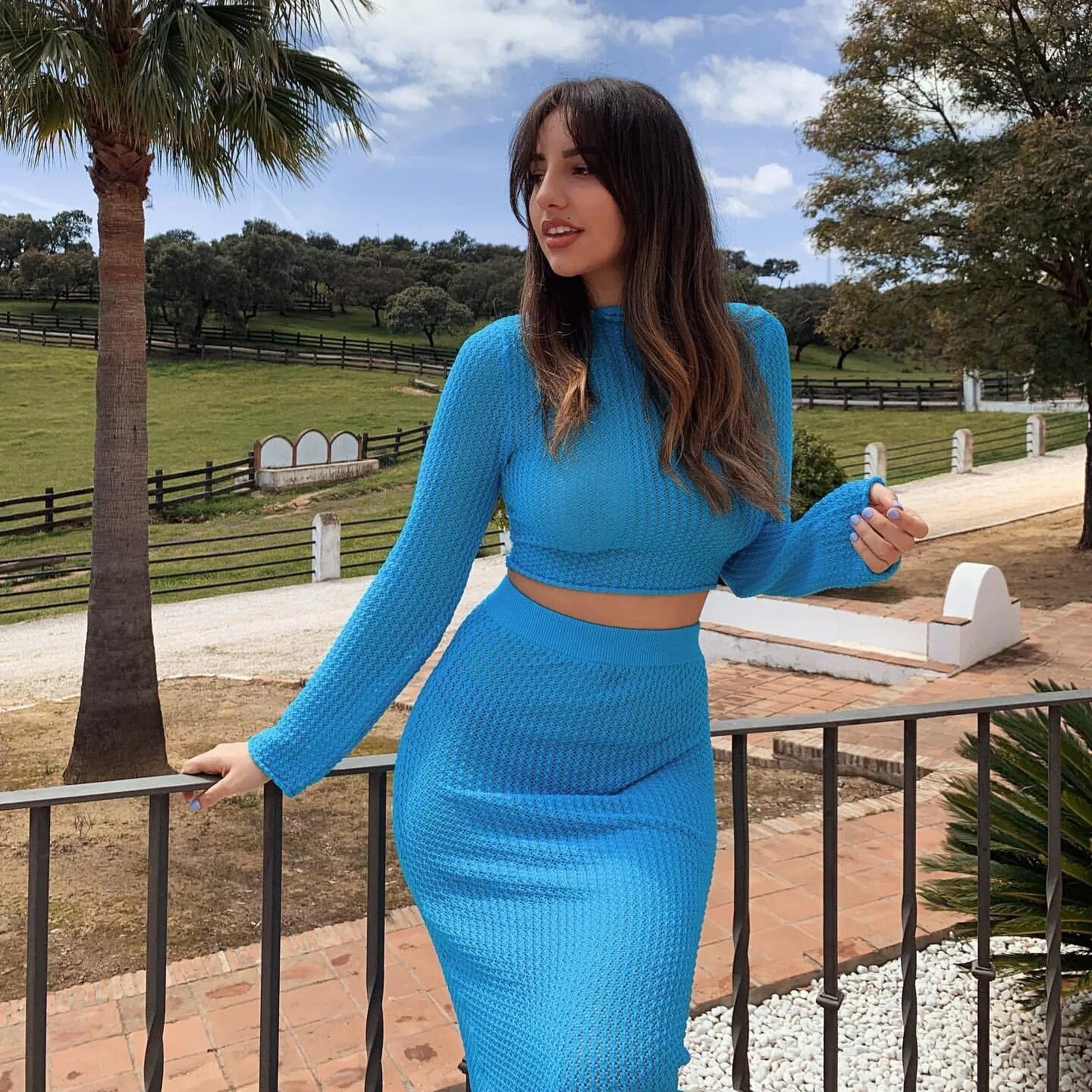 Neon Blue Knitted Long Sleeve Crop Top + High Waist Bodycon Maxi Skirt 2-Piece Set