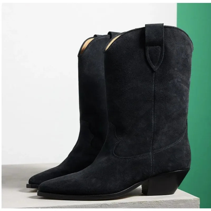 Western Flower Embroidered Pointed Toe PU Leather Midi Cowgirl Boots
