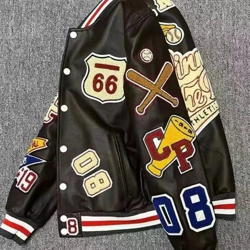 Retro Men's Streetwear Hip-Hop Letter Print Embroidered Baseball Varsity Bomber Jacket