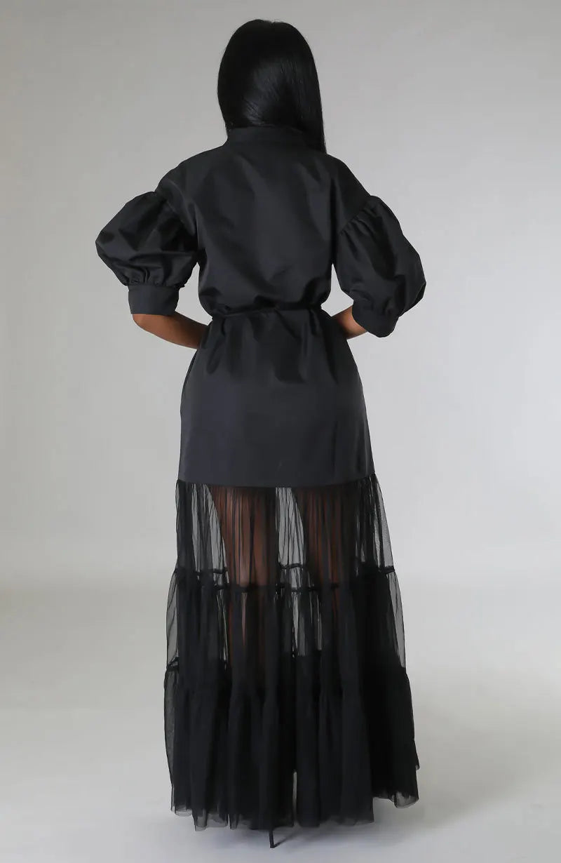 Puff 1/2 Sleeve Tiered Sheer Transparent Tulle Tutu Skirt Design Maxi Shirt Dress