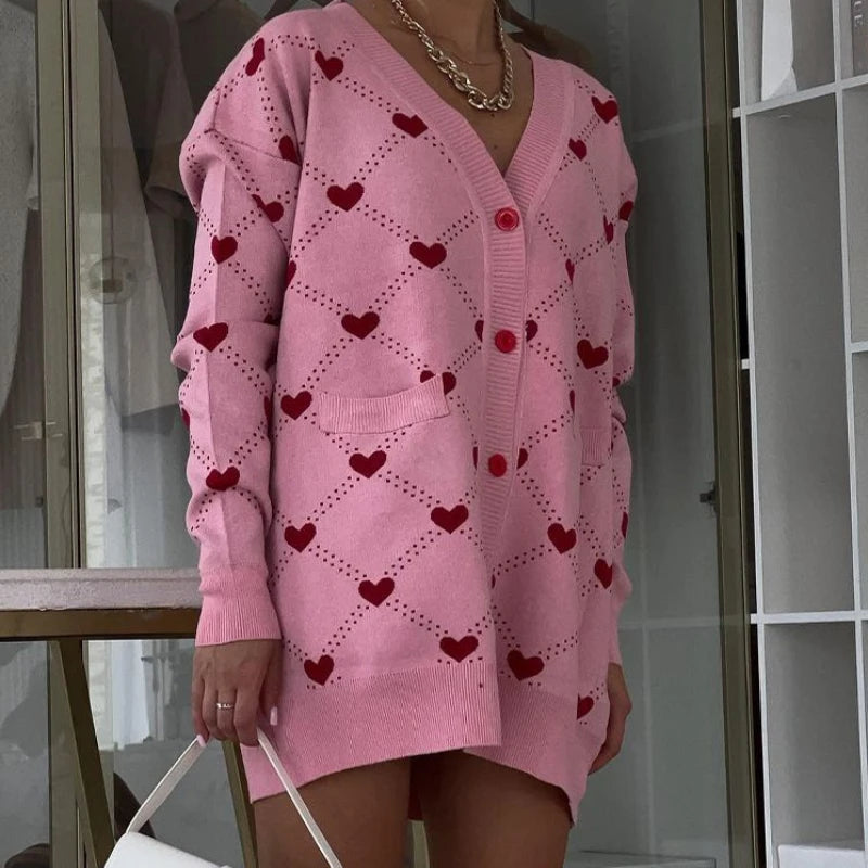 Heart Print Long Sleeve Knitted Button-Up Women's Cardigan Sweater