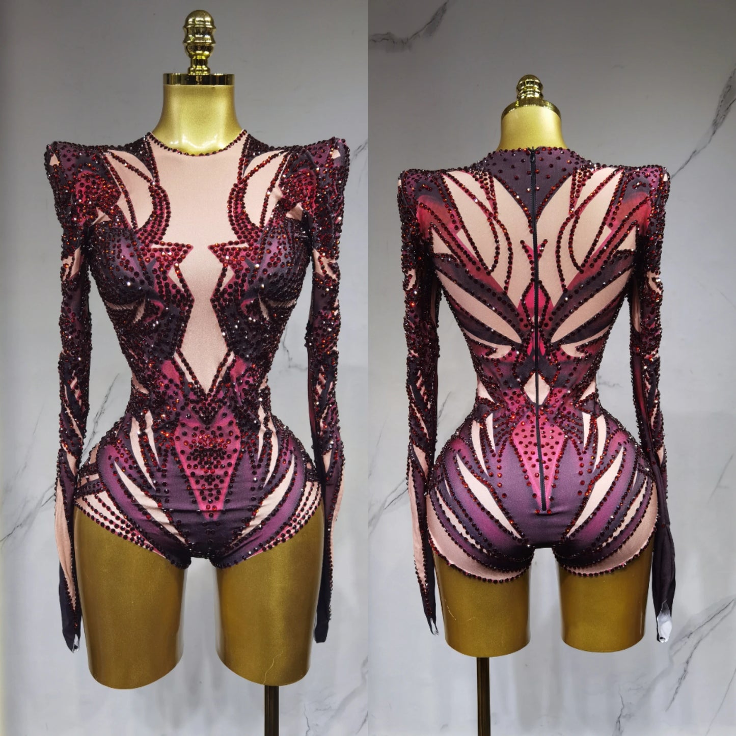 Sparkling Rhinestone Hollow-Out Long Sleeve Stage Formal Stage Performance Skin Tight Bodysuit