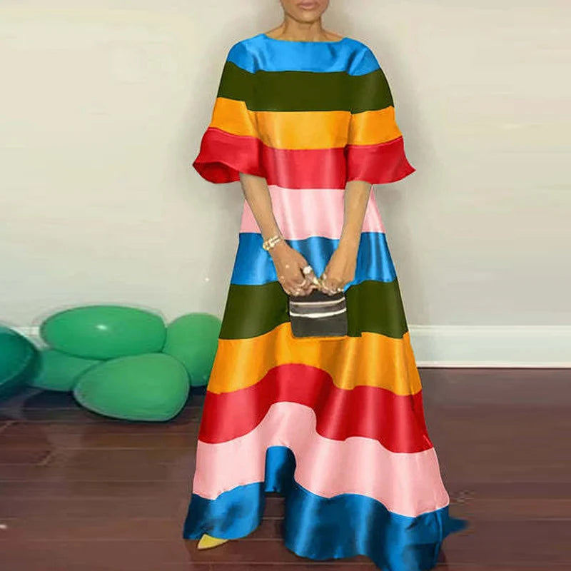 Rainbow Striped Bohemian Oversized Loose 1/2 Sleeve Backless O-Neck Maxi Dress