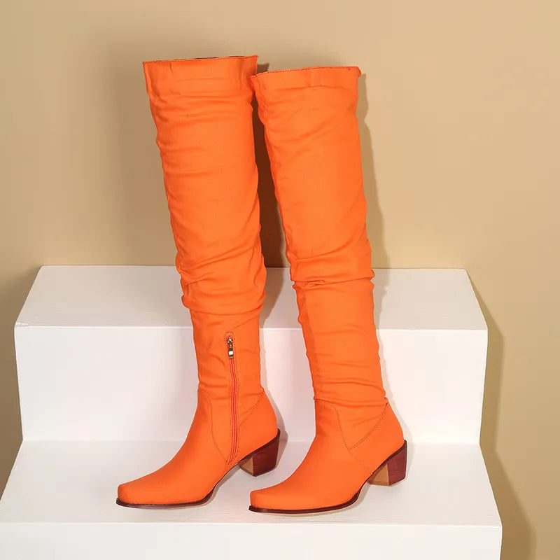 Zipper Block Heel Folded Over-The- Knee Boots