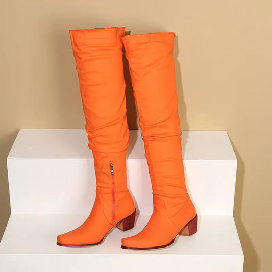 Zipper Block Heel Folded Over-The- Knee Boots