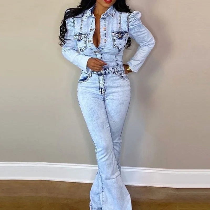 Balloon Sleeve Bleached Washed Denim Mid-Waist Single Breasted Sash Belted Spliced Vintage Jumpsuit to 3X Plus Size