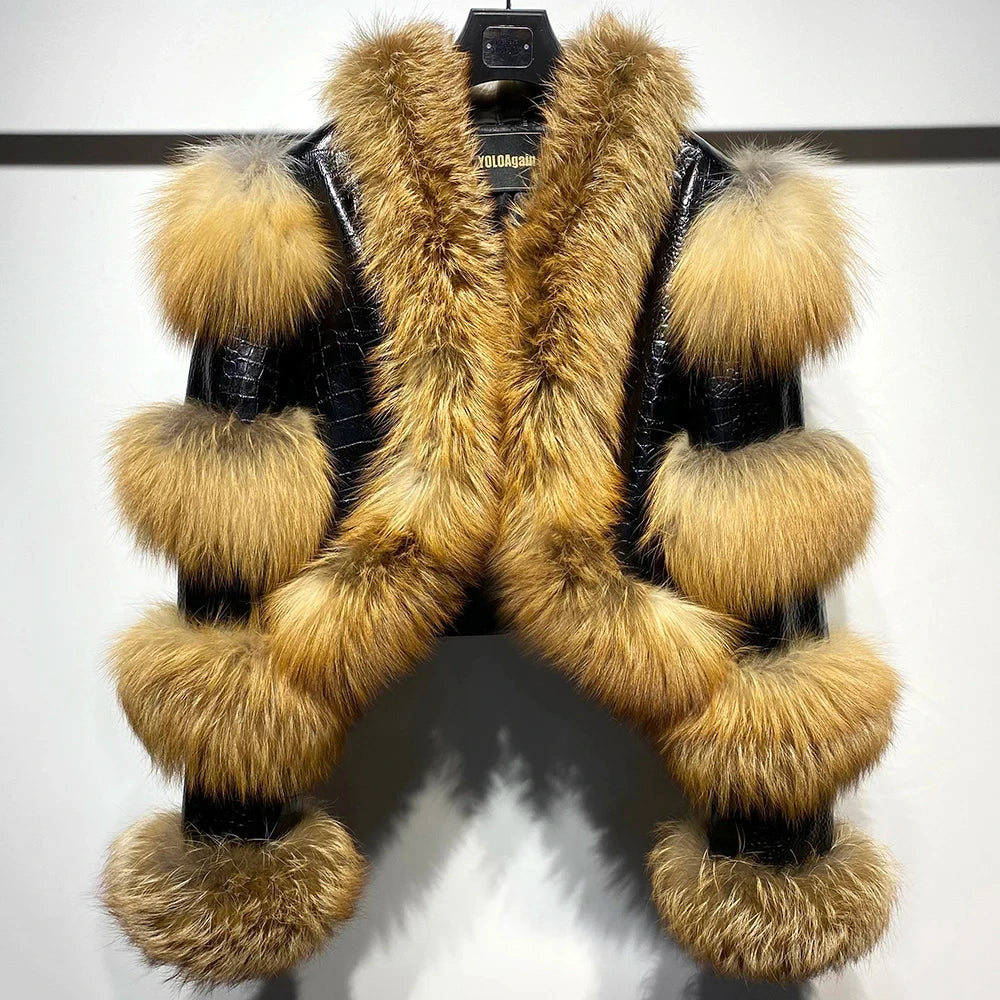 Real Raccoon Fur Hip-Hop Colorblock Design Paneled Women's Streetwear Jacket