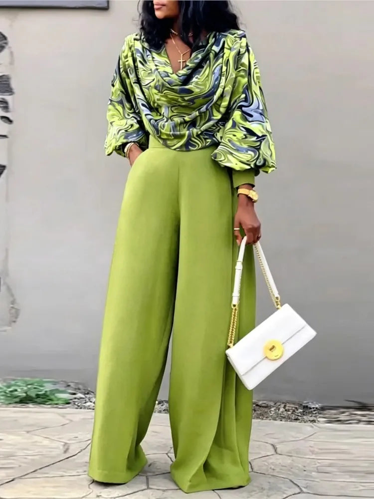 Geometric Print Women's Long Sleeve Top + Solid Color Pants Set to 5X Plus Size