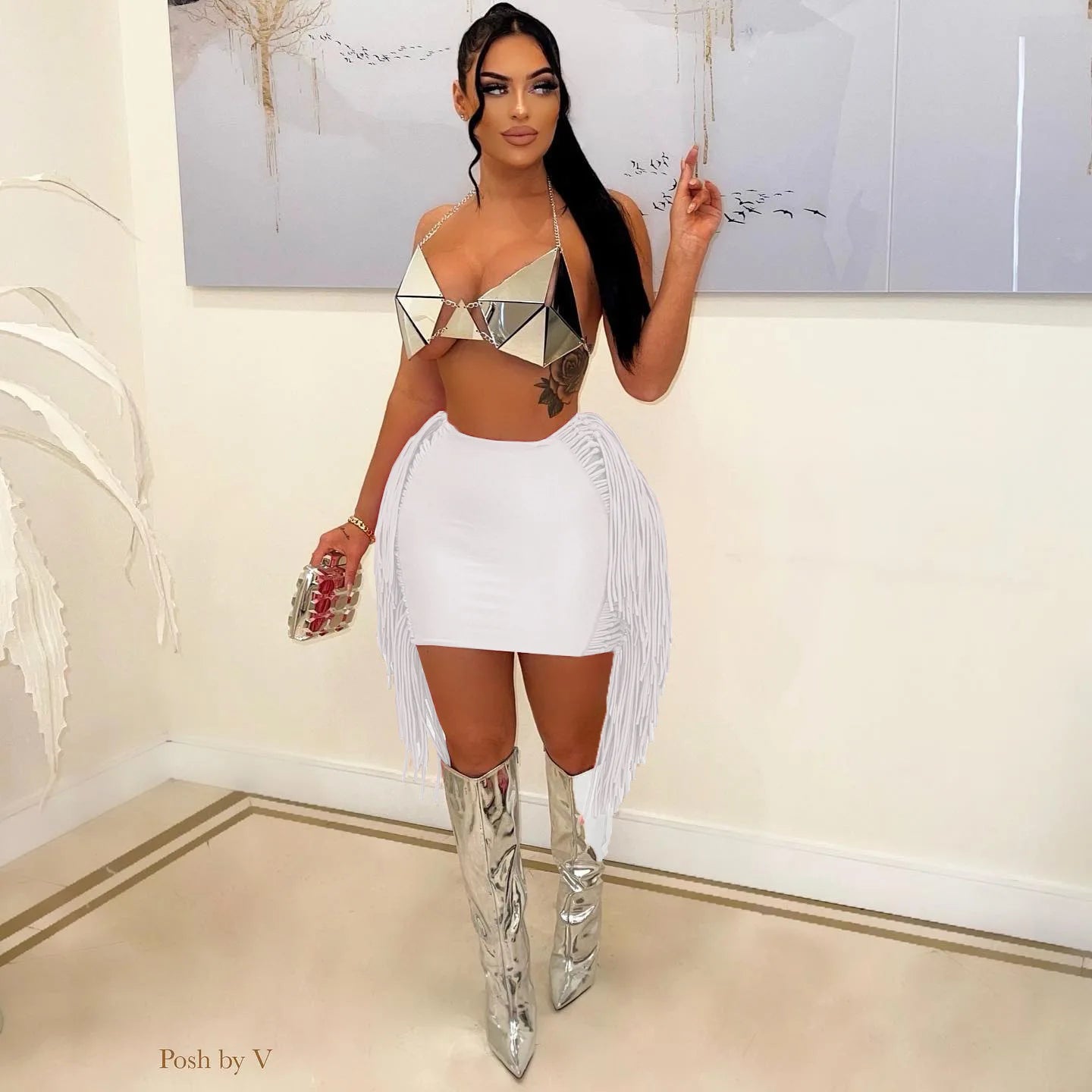 Hanging Fringe Tassel Design Bodycon Women's Solid Color Mini Skirts