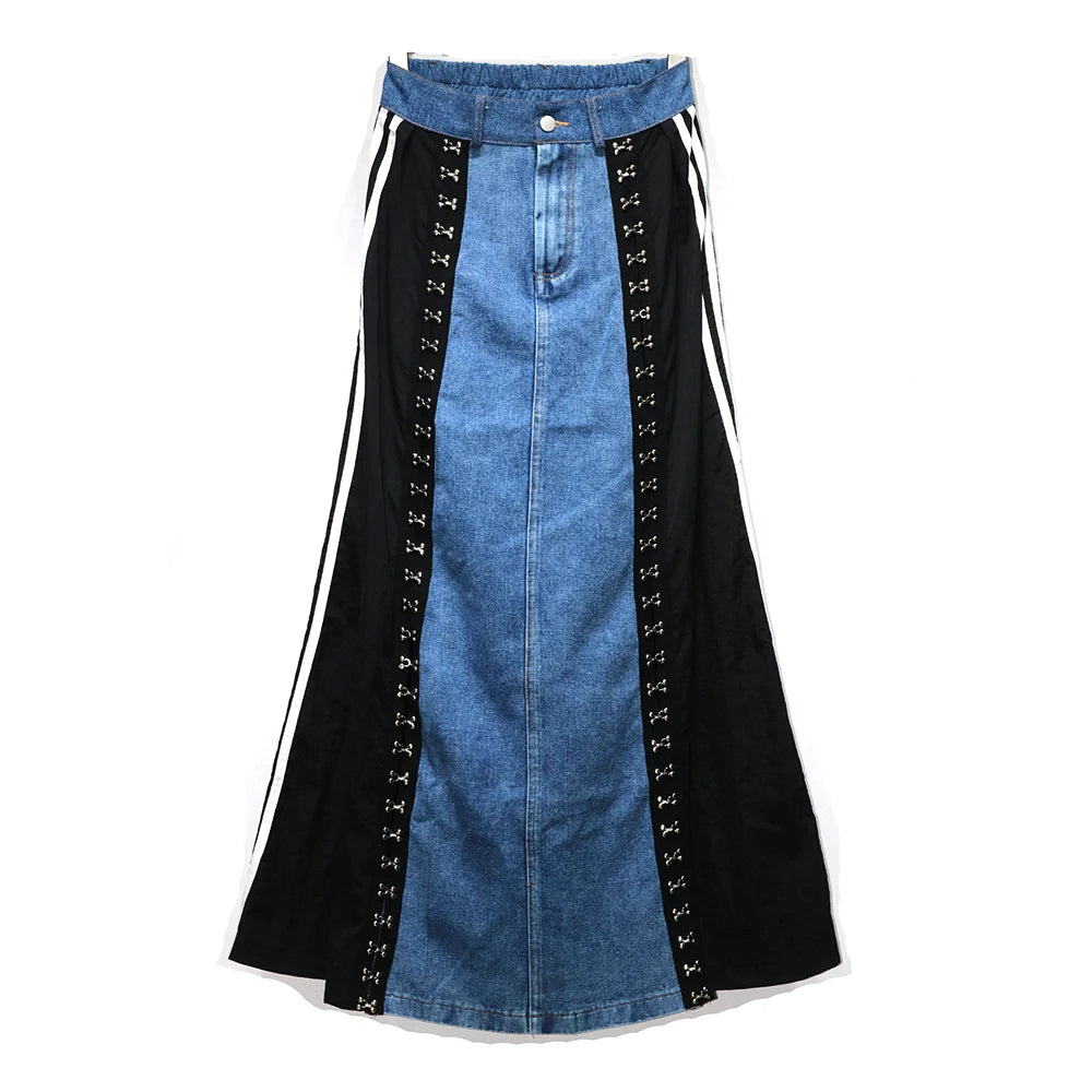 240939 European American Personalized Buttons Woman A-E Skirt Loose Plus Size Patchwork Denim Long Skirts Faldas Mujer Saias