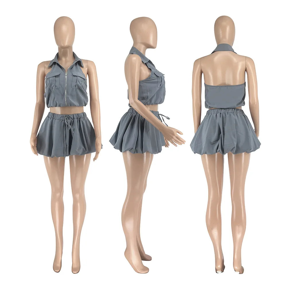 Sleeveless Cargo Pocketed Zipper Crop Top + Ruffled Pleated Elastic Waist Mini Tennis Skirt Women's 2-Piece Set