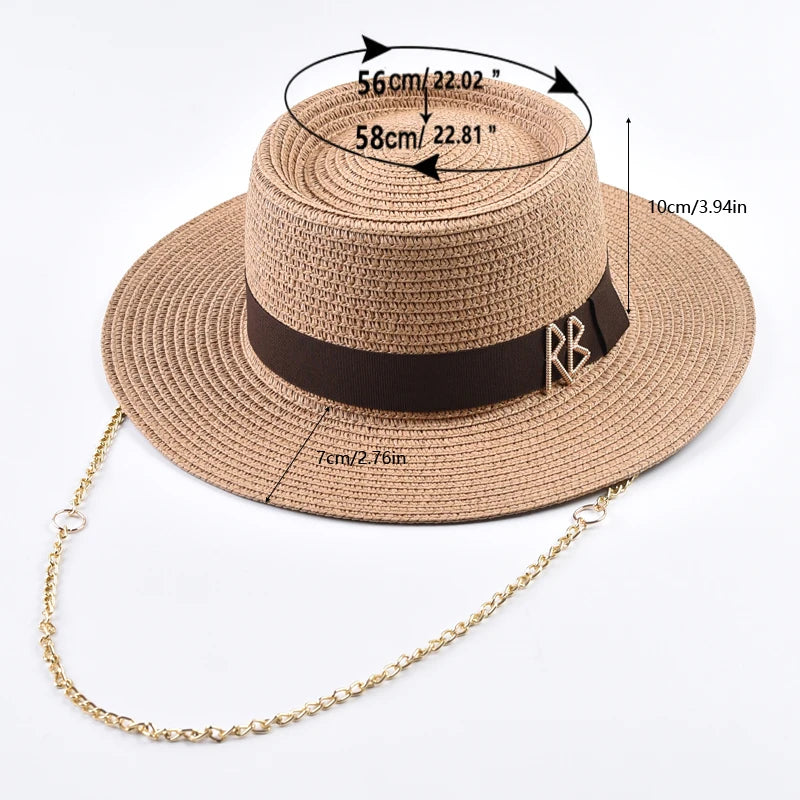 Straw Gold Chain Women's Ribbon Decor Fedora Hat