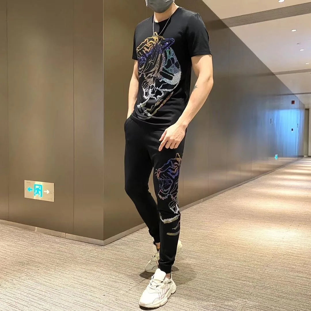 Men's Short Sleeve Hot Drill Silver Metallic Tiger Head O-Neck T-Shirt + Drawstring Sweatpants 2-Piece Set