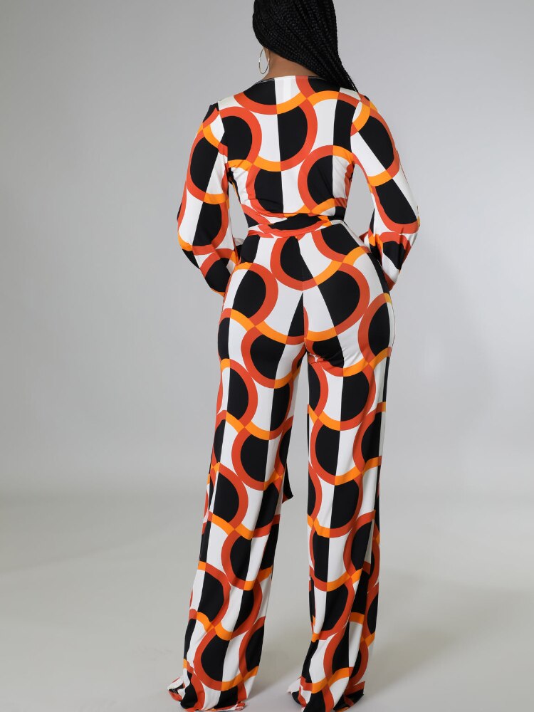 Geometric Print Deep V-Neck Long Sleeve Jumpsuit w/ Sash Belt to 5X Plus Size