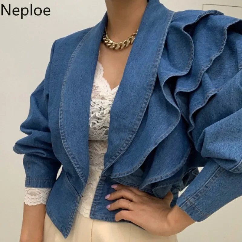 Cropped Denim Vintage Turn-Down Collar Puff Sleeve Ruffled Blazer