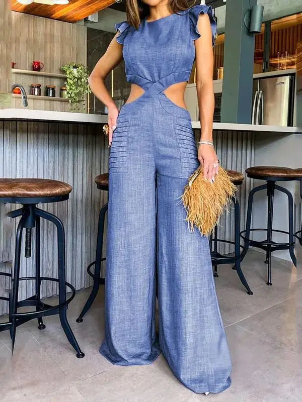 Sleeveless Ruffled Solid/Denim/Floral Hollow-Out Ring Design O-Neck Waist Wide Leg Jumpsuit