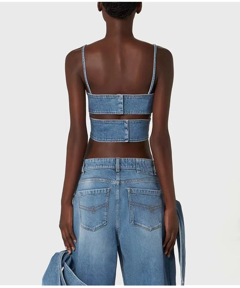 Denim Oversized Bowtie Detail Bandage Crop Top + High Waist Wide Leg Cargo Jeans Ladies 2-Piece Set