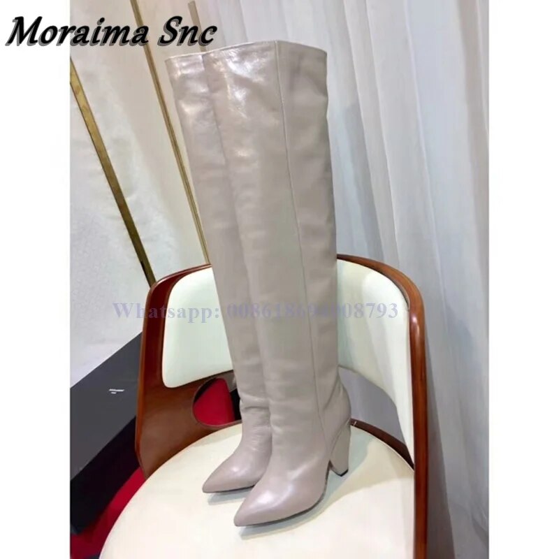 Knee High Slip On High Heel Pointed Toe Women's Boots