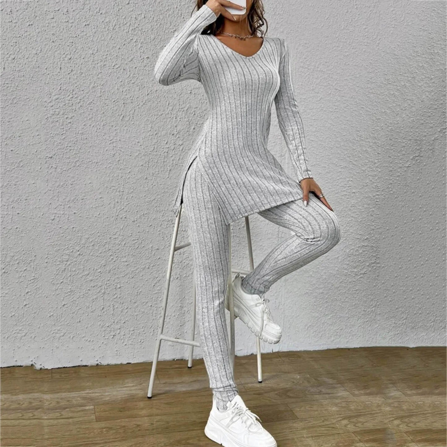 Ribbed Knitted Long Sleeve Women's Tunic Shirt + Leggings 2-Piece Set