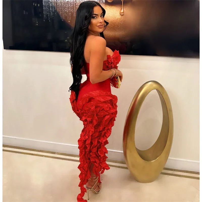 Sleeveless Floral Ruffled Tube Top Hanging Tassel Design Irregular Dress