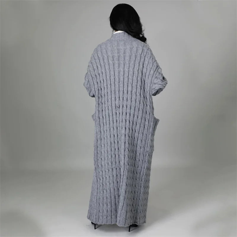 Knitted Weave Pattern Ribbed Maxi Cardigan Sweater