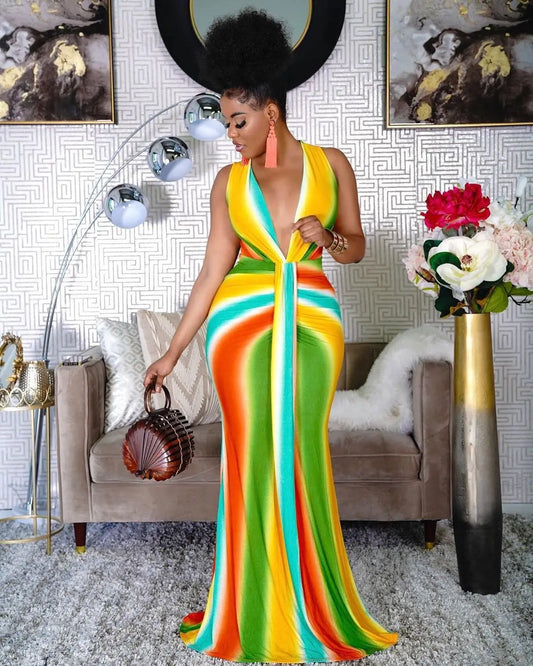 Vintage Pastel Rainbow Colorblock Bohemian Striped Deep V-Neck Backless Maxi Dress