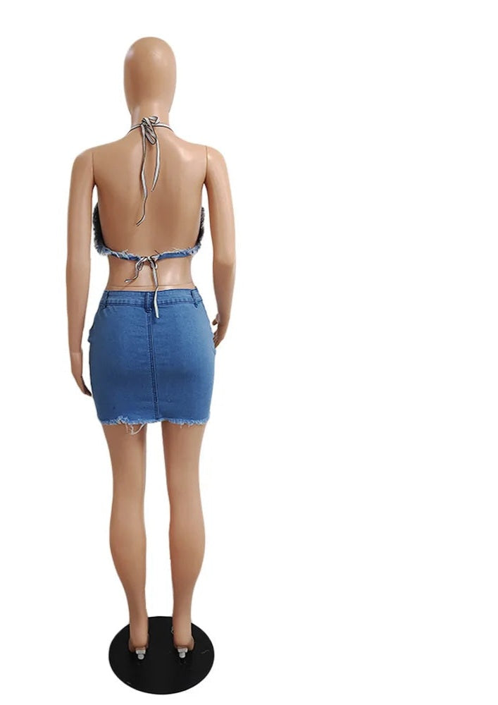 Denim Lace-Up Bra + Jean Bodycon Mini Skirt 2 Piece Set