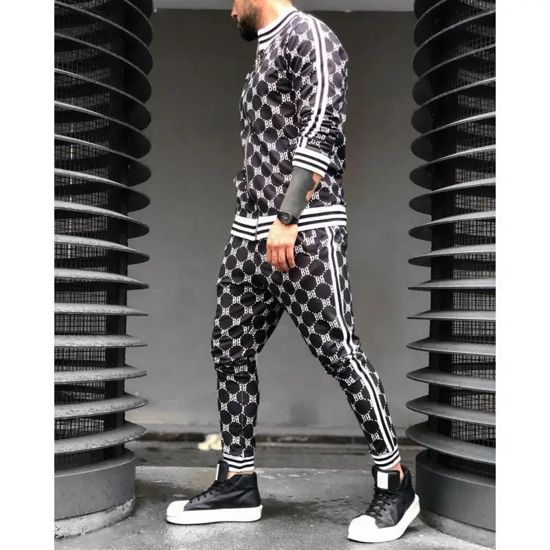 Velvet Monogram Side Striped Print O-Neck Sweat Jacket + Sweatpants Tracksuit