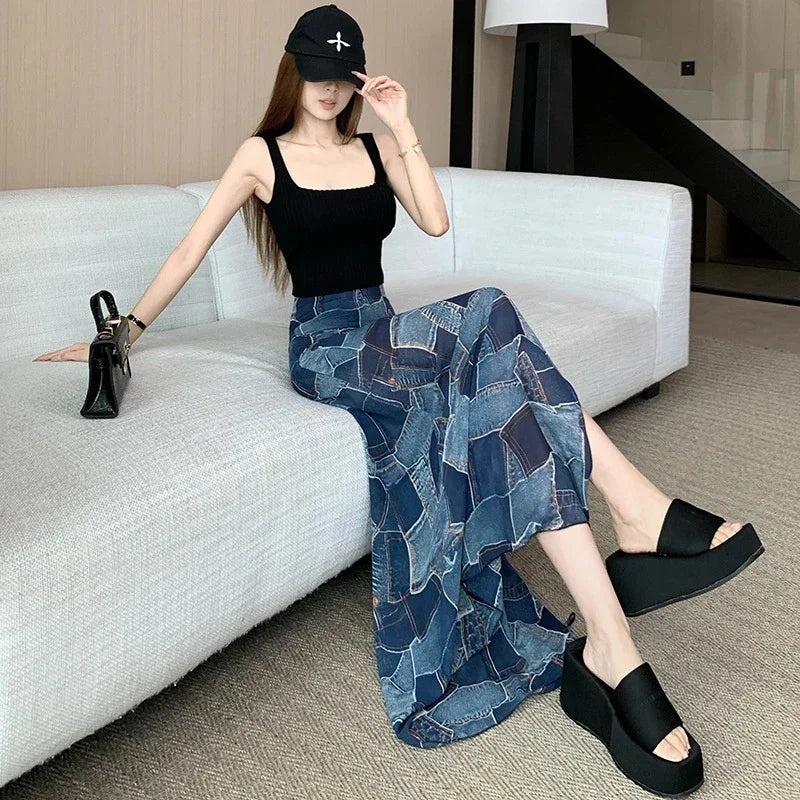 Colorblock Plaid Faux Denim Print High Slit A-Line Maxi Skirt
