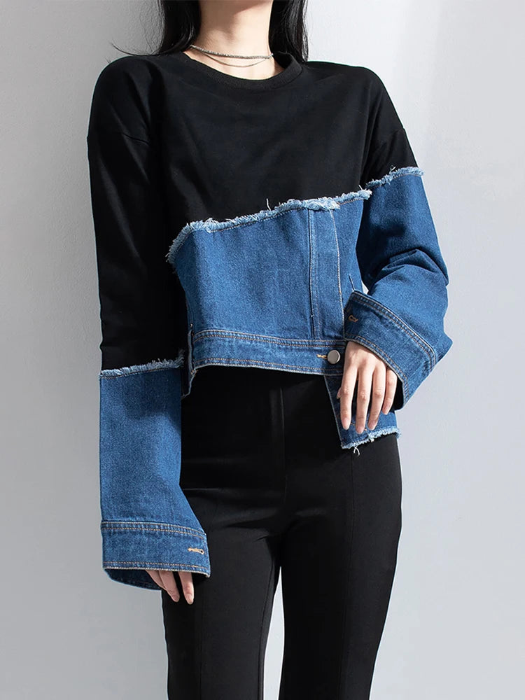 Denim Patchwork Colorblock Round Neck Long Sleeve Ladies Sweatshirt