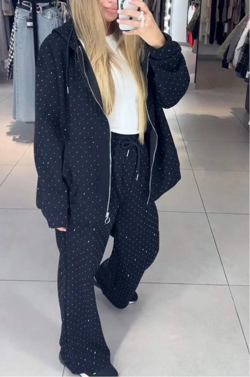 Sequin Polka Dot Embellished Women's Hoodie Sweatshirt + Wide Leg Sweatpants Tracksuit