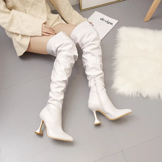 Pointed Toe Thigh High Over-the-Knee Solid Color Spiked High Heel Boots