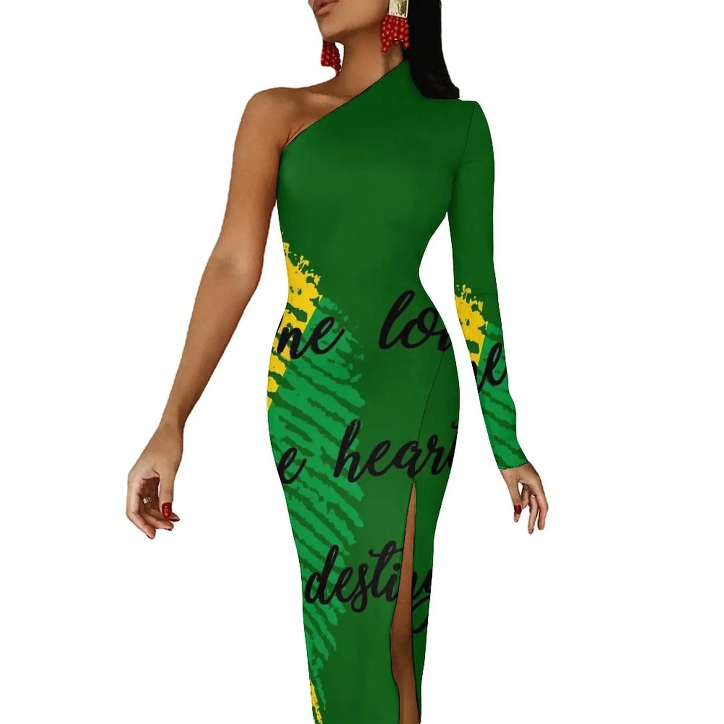 Jamaica Flag Colors Striped/Geometric/Camoflauge High Side Slit One Sleeve Streetwear Bodycon Maxi Dress