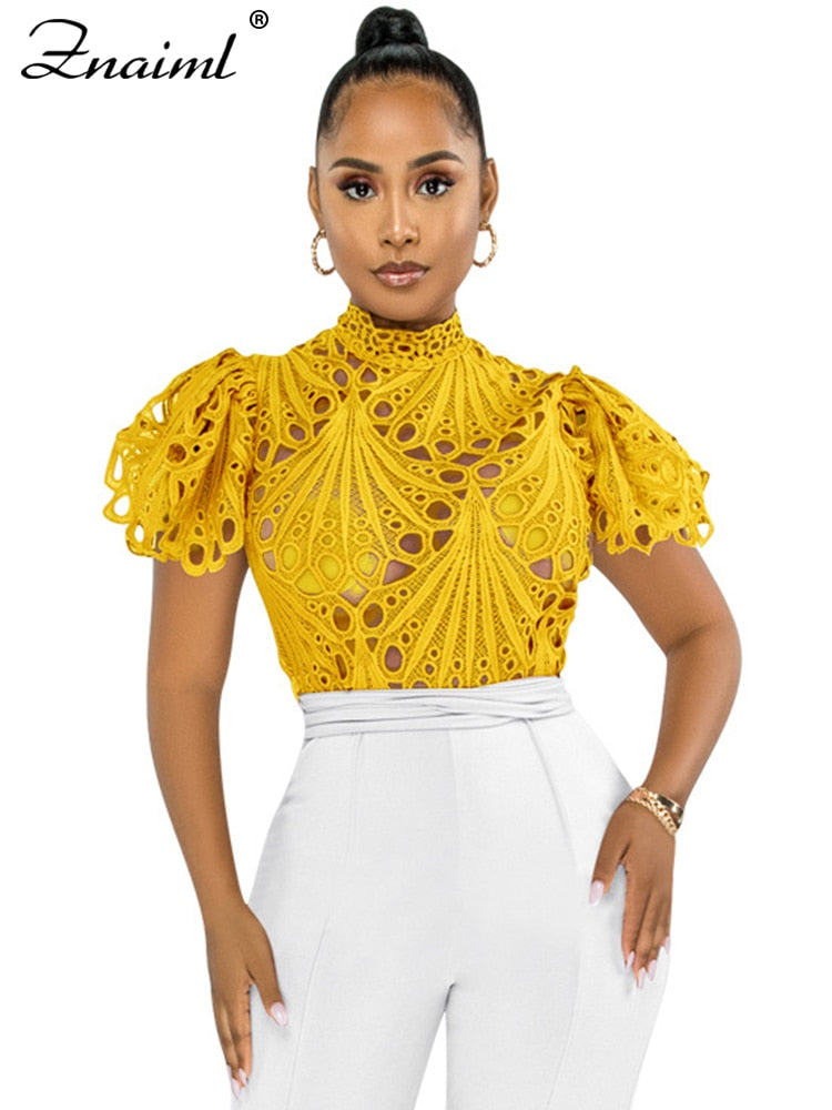 Hollow Out Mesh Lace Transparent Cropped Blouse