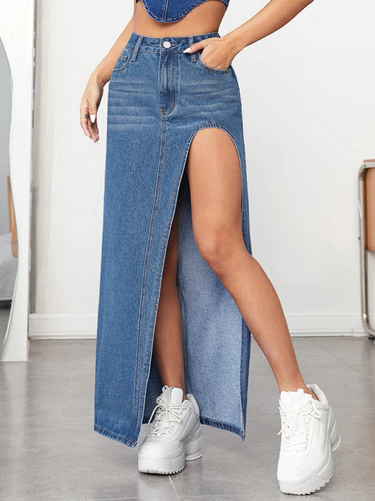 Denim Slant Pocket Detail High Slit Maxi Skirt