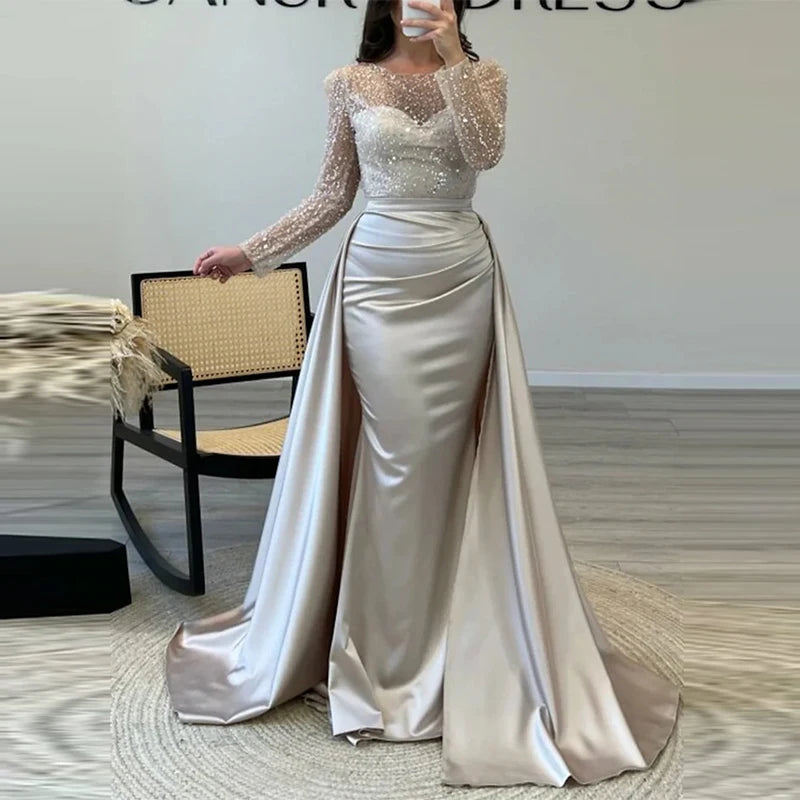 Lace Satin Crystal Sequin Patchwork O-Neck Long Sleeve Draped Pleated Solid Color Long Sleeve Formal Maxi Floor-Length Party Dress